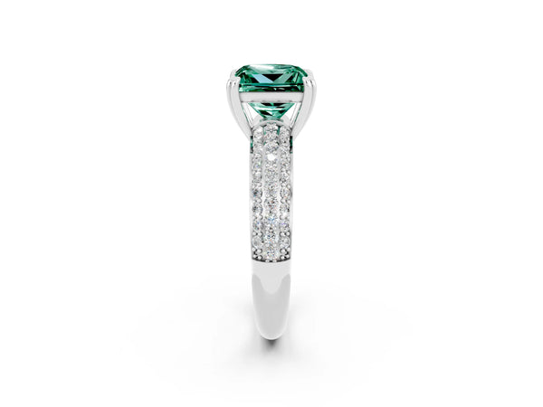 White gold Princess Cut Green Sapphire Vintage Milgrain Ring with Round  Stations