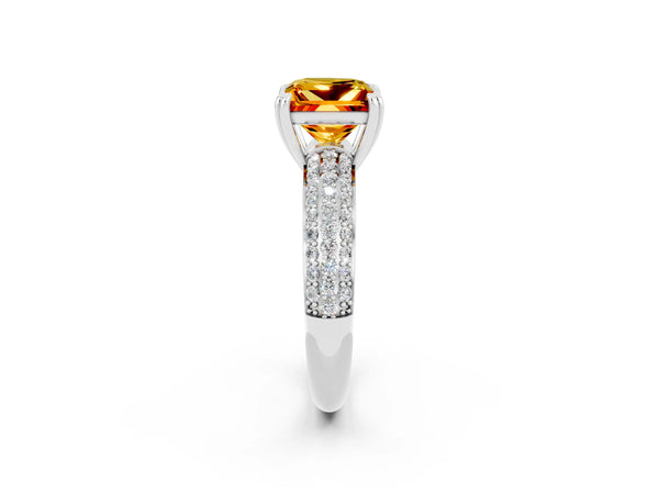 Silver Princess Cut Citrine Vintage Milgrain Ring with Round  Stations