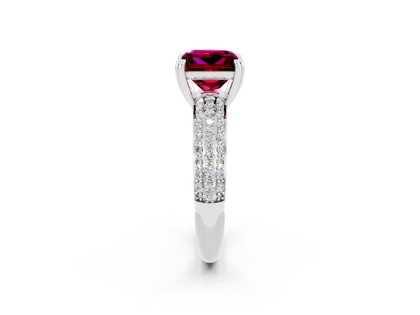 White gold Princess Cut Garnet Vintage Milgrain Ring with Round  Stations
