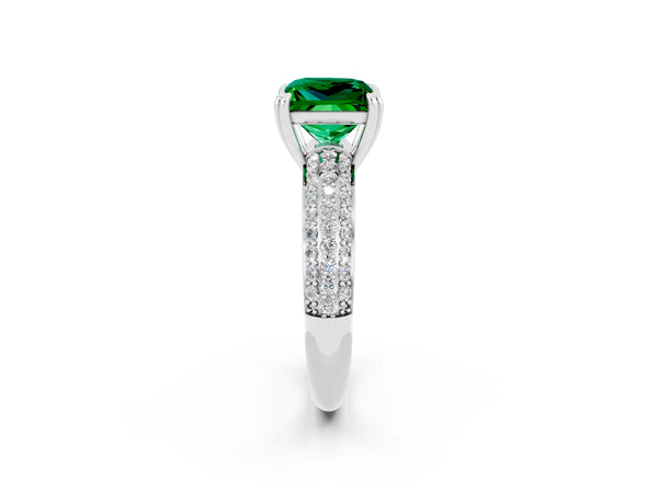 Silver Princess Cut Emerald Vintage Milgrain Ring with Round  Stations