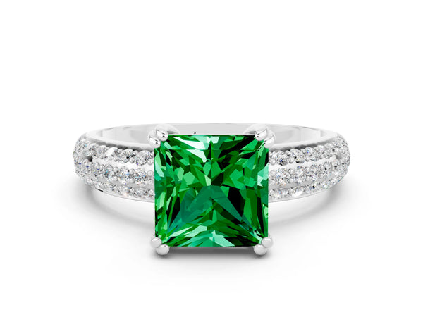 Silver Princess Cut Emerald Vintage Milgrain Ring with Round  Stations
