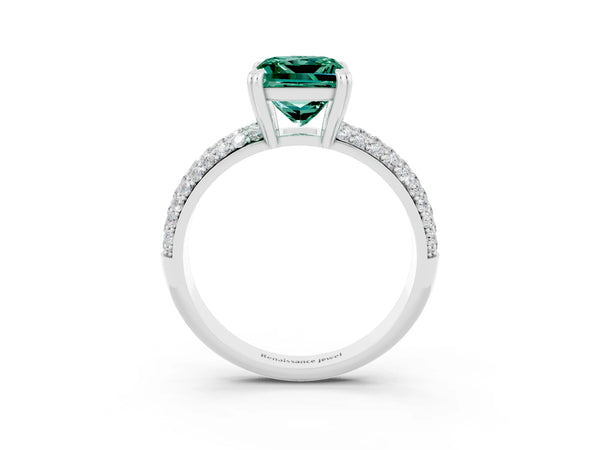White gold Princess Cut Green Sapphire Vintage Milgrain Ring with Round  Stations