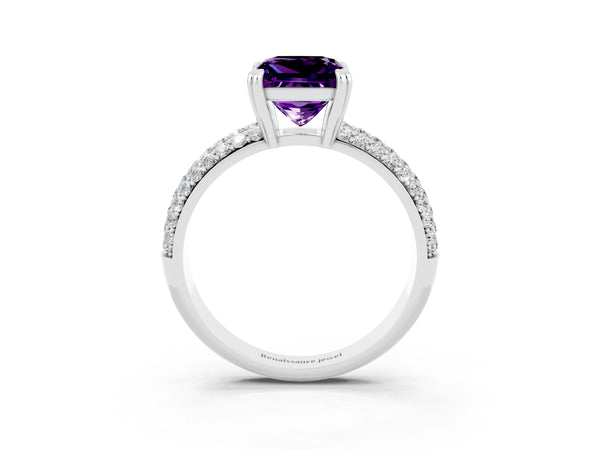 Silver Princess Cut Amethyst Vintage Milgrain Ring with Round  Stations