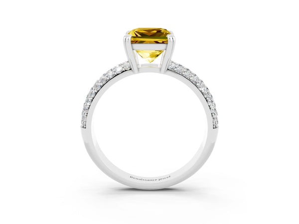 White gold Princess Cut Yellow Sapphire Vintage Milgrain Ring with Round  Stations