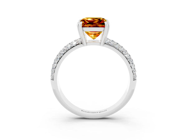 Silver Princess Cut Citrine Vintage Milgrain Ring with Round  Stations