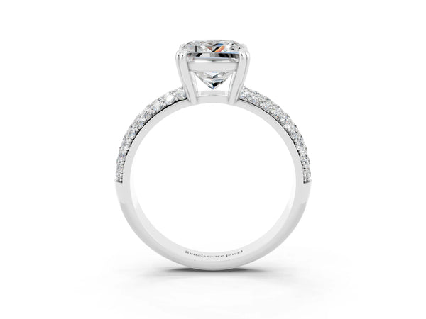 White gold Princess Cut Moissanite Vintage Milgrain Ring with Round  Stations