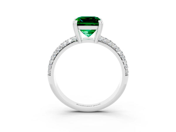 Silver Princess Cut Emerald Vintage Milgrain Ring with Round  Stations