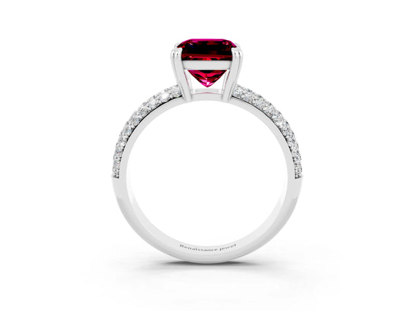 White gold Princess Cut Garnet Vintage Milgrain Ring with Round  Stations
