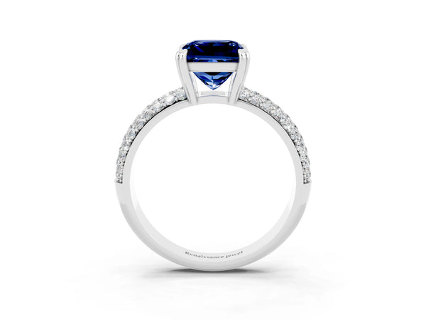 Silver Princess Cut Blue Sapphire Vintage Milgrain Ring with Round  Stations