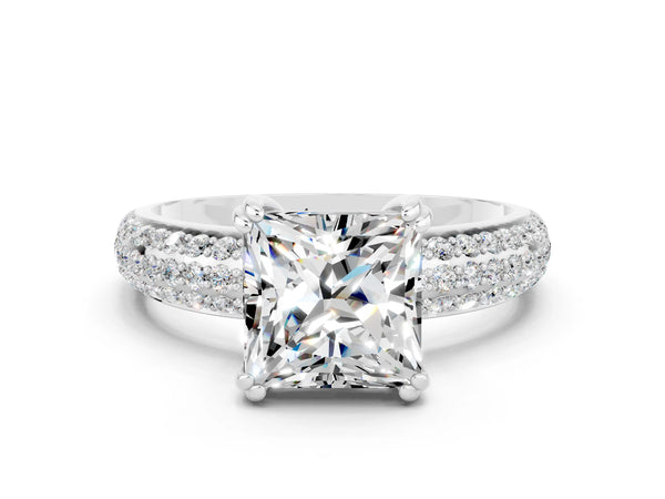 White gold Princess Cut Moissanite Vintage Milgrain Ring with Round  Stations