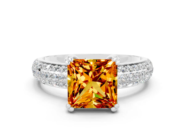 Silver Princess Cut Citrine Vintage Milgrain Ring with Round  Stations