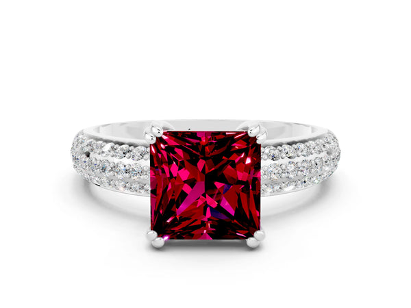 White gold Princess Cut Garnet Vintage Milgrain Ring with Round  Stations