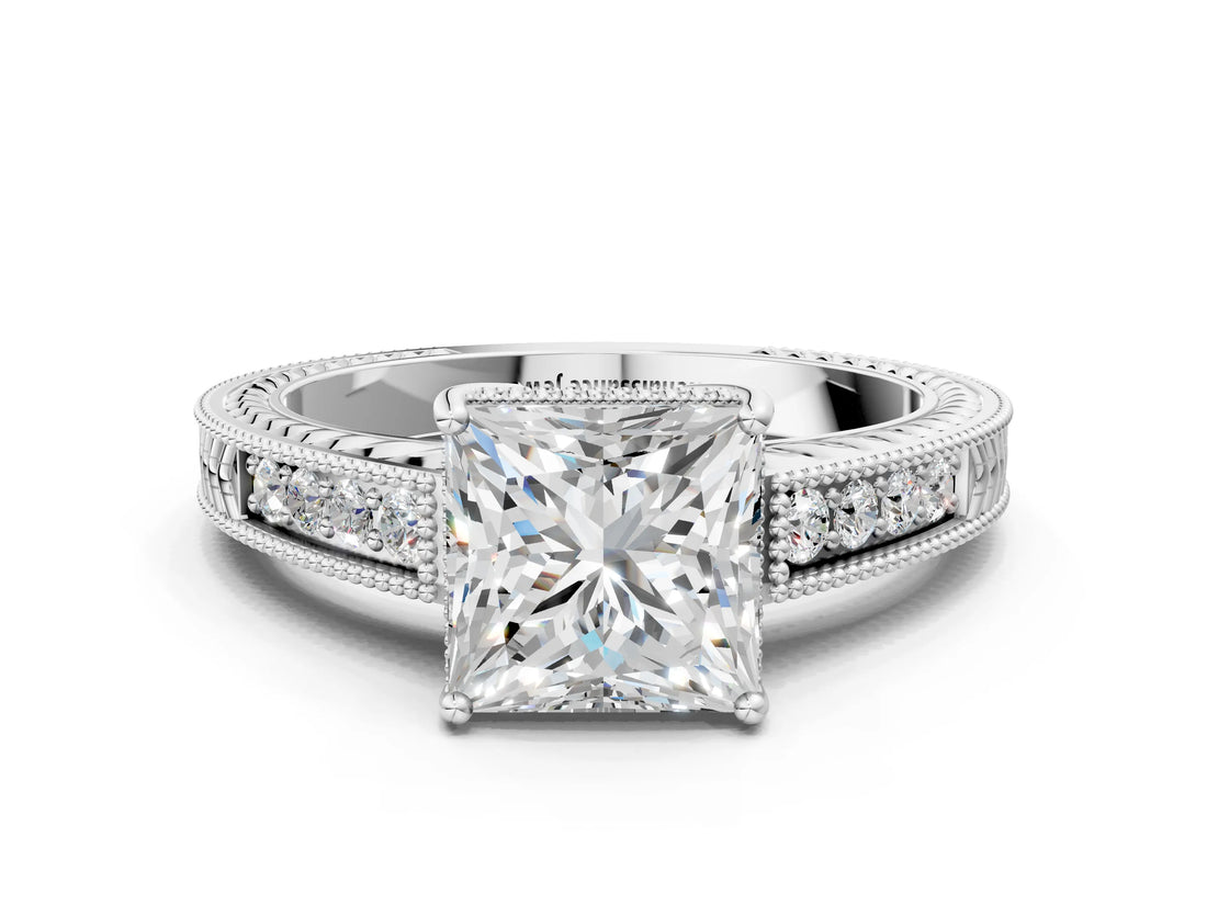 White gold Princess Cut Cut Diamond Milgrain Pave Band Four-Prong Setting Ring_7