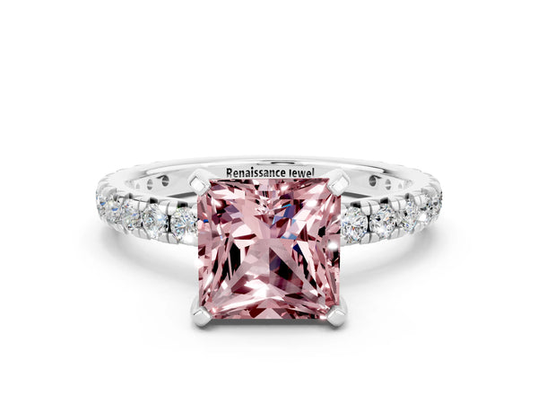 Silver Princess Cut Cut Diamond Pavé Band with Four-Prong Setting