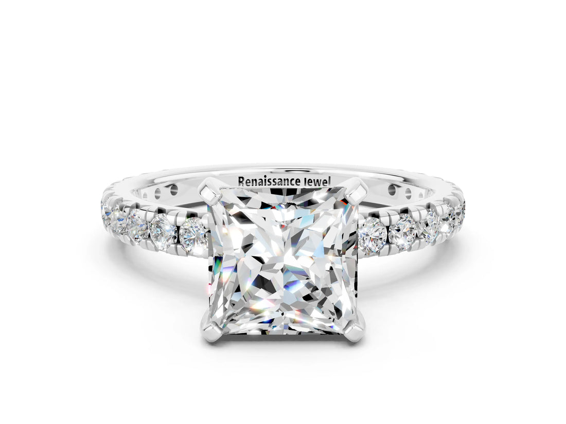 White gold Princess Cut Cut Diamond Pavé Band with Four-Prong Setting