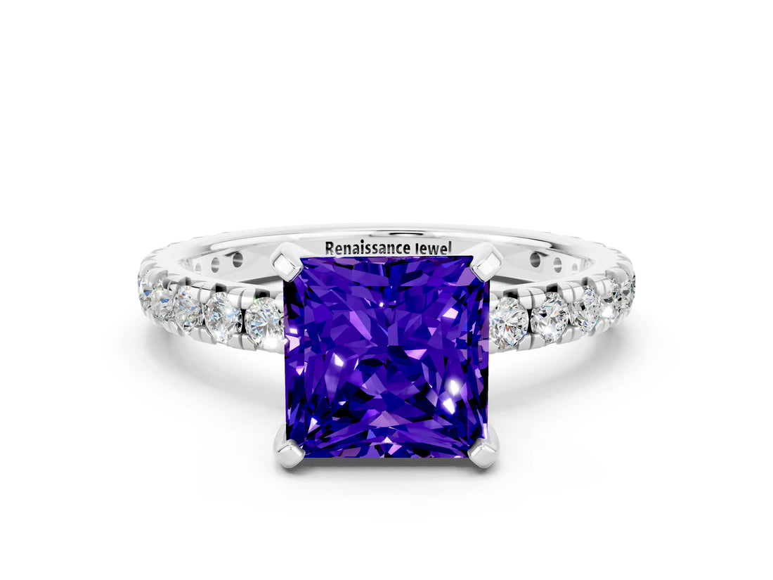 White gold Princess Cut Cut Diamond Pavé Band with Four-Prong Setting