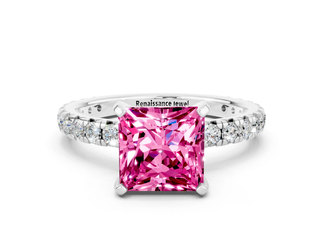 White gold Princess Cut Cut Diamond Pavé Band with Four-Prong Setting