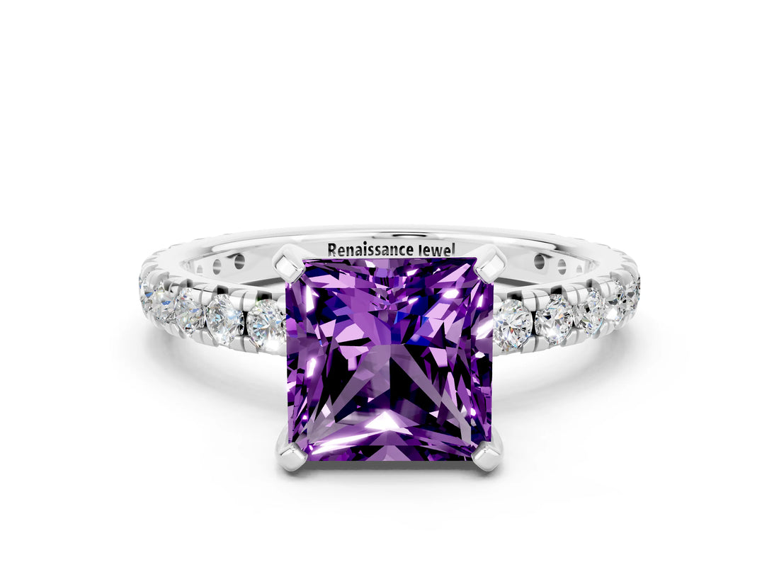 White gold Princess Cut Cut Diamond Pavé Band with Four-Prong Setting