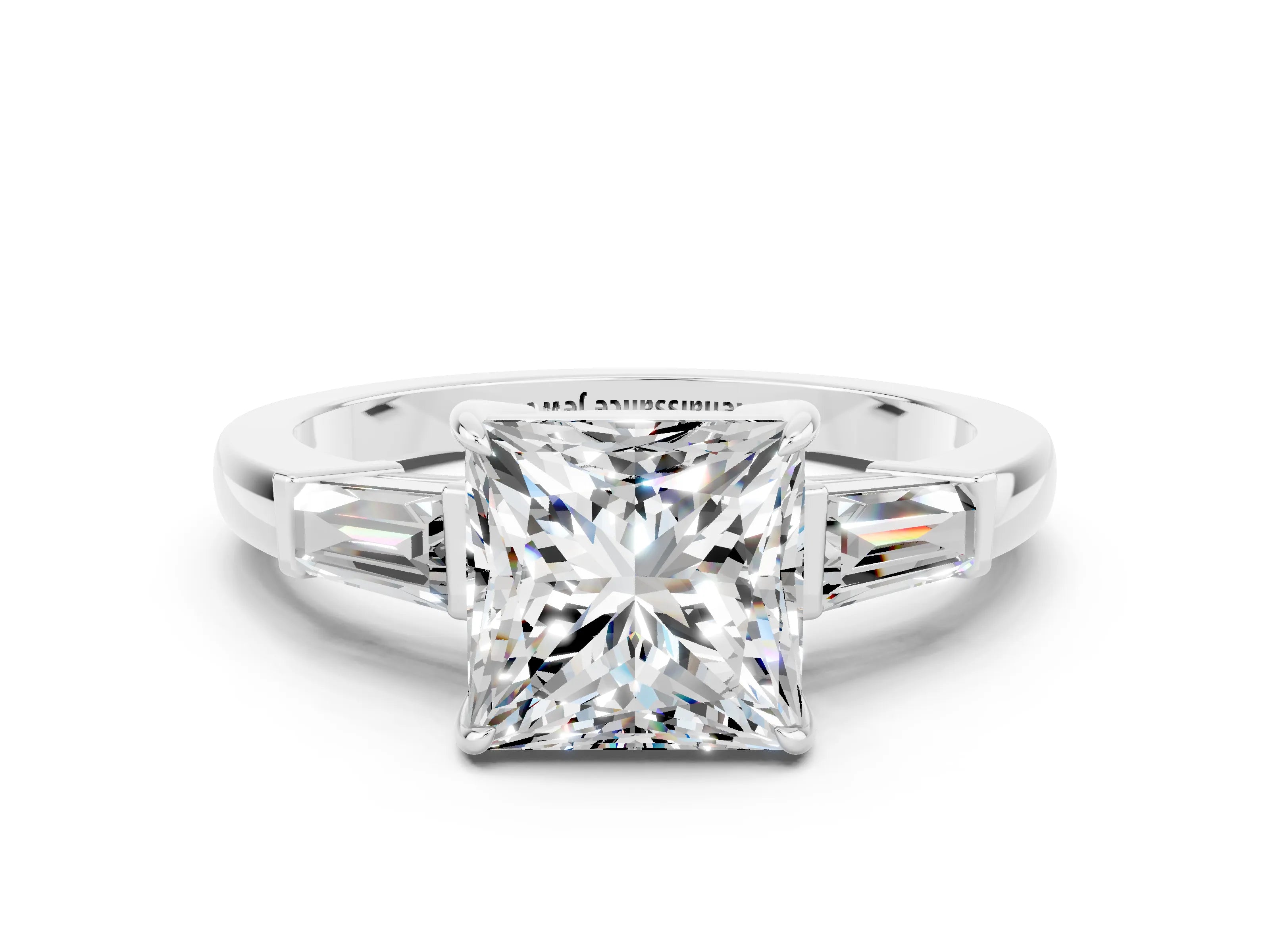 White gold Princess Cut Cut Diamond Ring with Tapered Baguette Side Stones in Four-Prong Setting