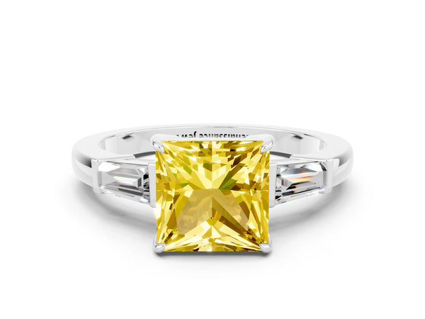 Platinum Princess Cut Yellow Sapphire Three-Stone Ring with Tapered Baguette Side Stones and Prong Setting