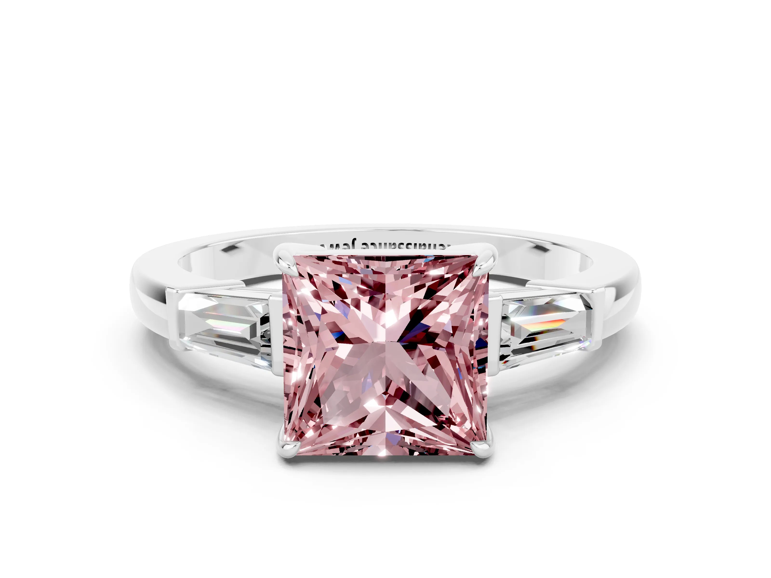 White gold Princess Cut Cut Diamond Ring with Tapered Baguette Side Stones in Four-Prong Setting