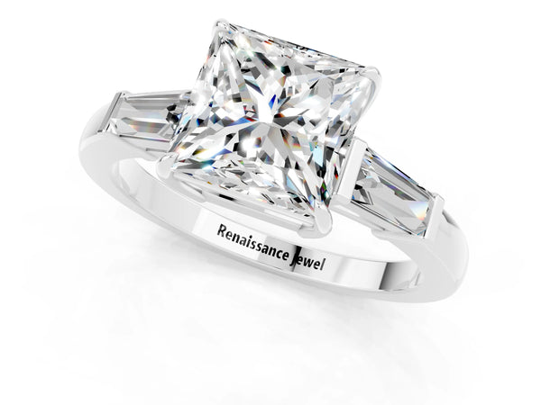 Platinum Princess Cut Moissanite Three-Stone Ring with Tapered Baguette Side Stones and Prong Setting