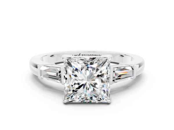 White gold Princess Cut Moissanite Three-Stone Ring with Tapered Baguette Side Stones and Prong Setting