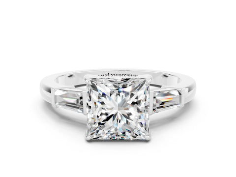 White gold Princess Cut Cut Diamond Ring with Tapered Baguette Side Stones in Four-Prong Setting
