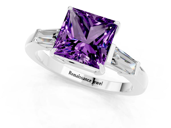 Silver Princess Cut Amethyst Three-Stone Ring with Tapered Baguette Side Stones and Prong Setting