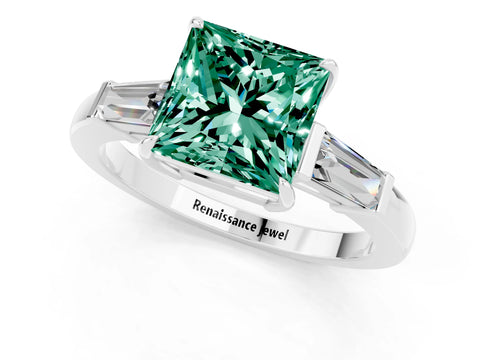 White gold Princess Cut Cut Diamond Ring with Tapered Baguette Side Stones in Four-Prong Setting_1