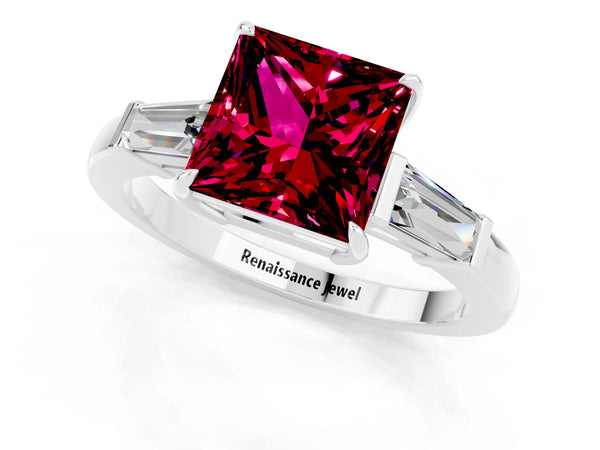 Silver Princess Cut Garnet Three-Stone Ring with Tapered Baguette Side Stones and Prong Setting
