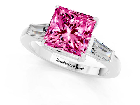 White gold Princess Cut Cut Diamond Ring with Tapered Baguette Side Stones in Four-Prong Setting_1