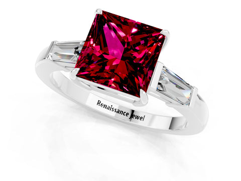 White gold Princess Cut Cut Diamond Ring with Tapered Baguette Side Stones in Four-Prong Setting_1