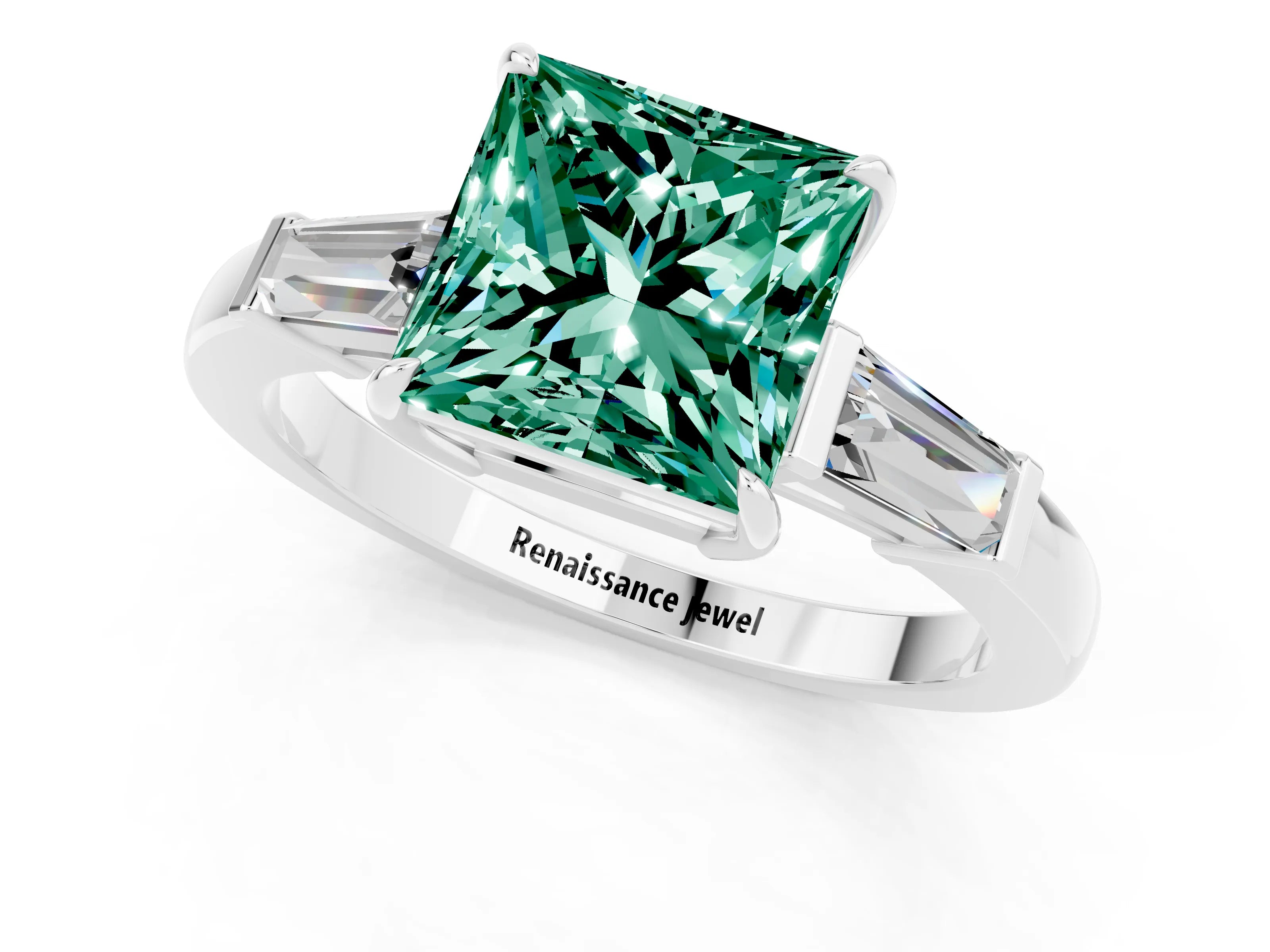 White gold Princess Cut Cut Diamond Ring with Tapered Baguette Side Stones in Four-Prong Setting_1