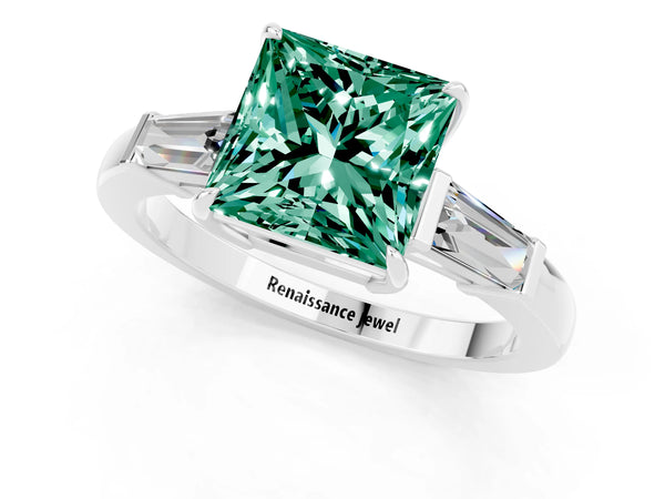 White gold Princess Cut Green Sapphire Three-Stone Ring with Tapered Baguette Side Stones and Prong Setting