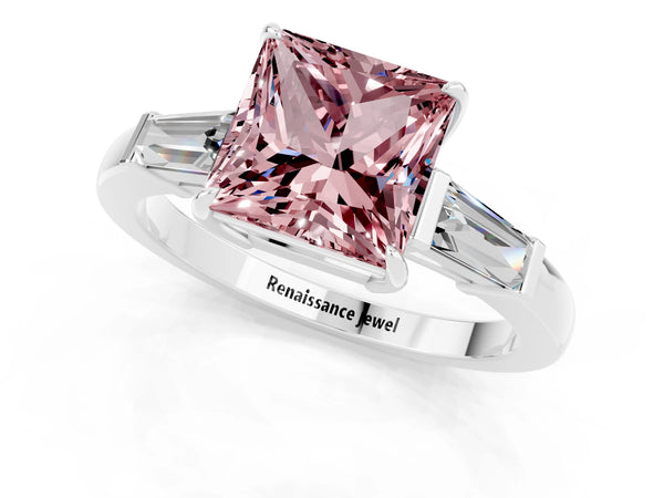 Platinum Princess Cut Cut Diamond Ring with Tapered Baguette Side Stones in Four-Prong Setting