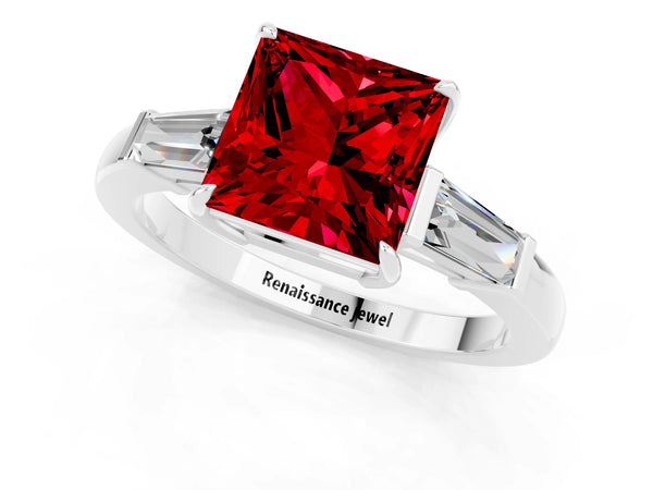 White gold Princess Cut Cut Diamond Ring with Tapered Baguette Side Stones in Four-Prong Setting