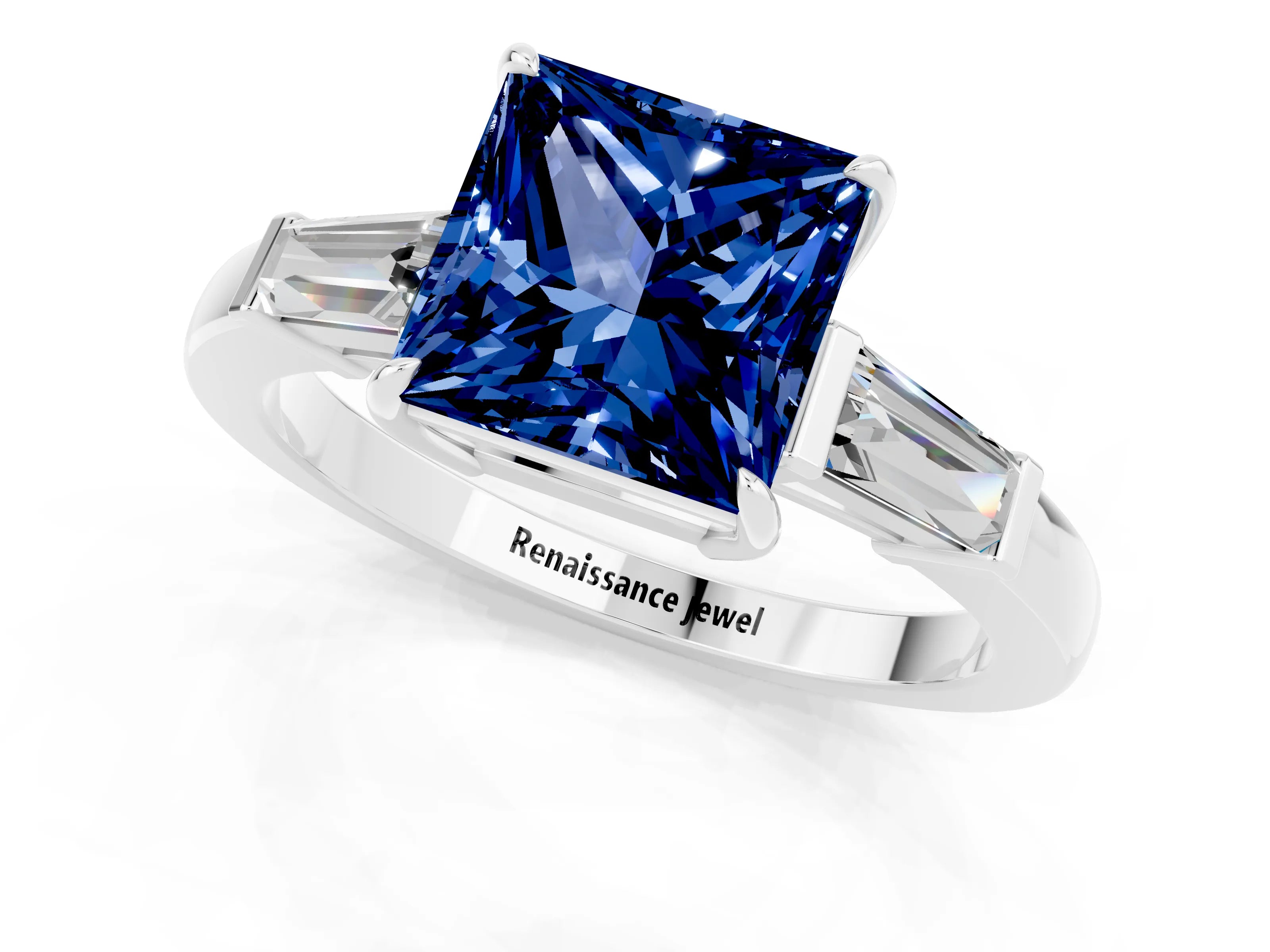 White gold Princess Cut Cut Diamond Ring with Tapered Baguette Side Stones in Four-Prong Setting_1