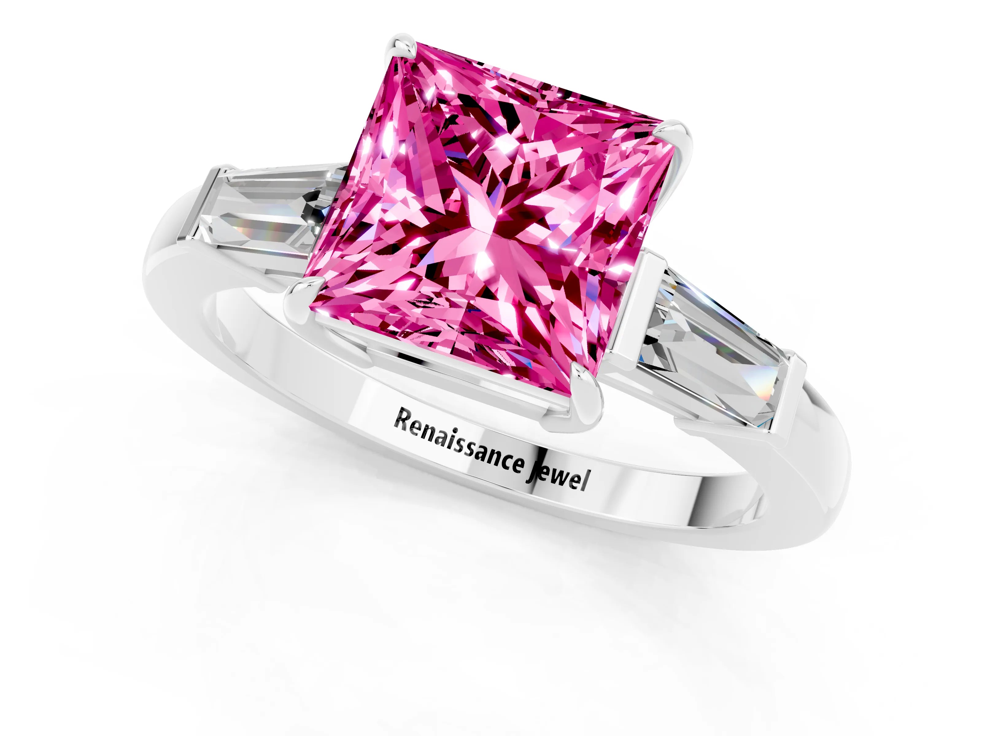 White gold Princess Cut Cut Diamond Ring with Tapered Baguette Side Stones in Four-Prong Setting_1
