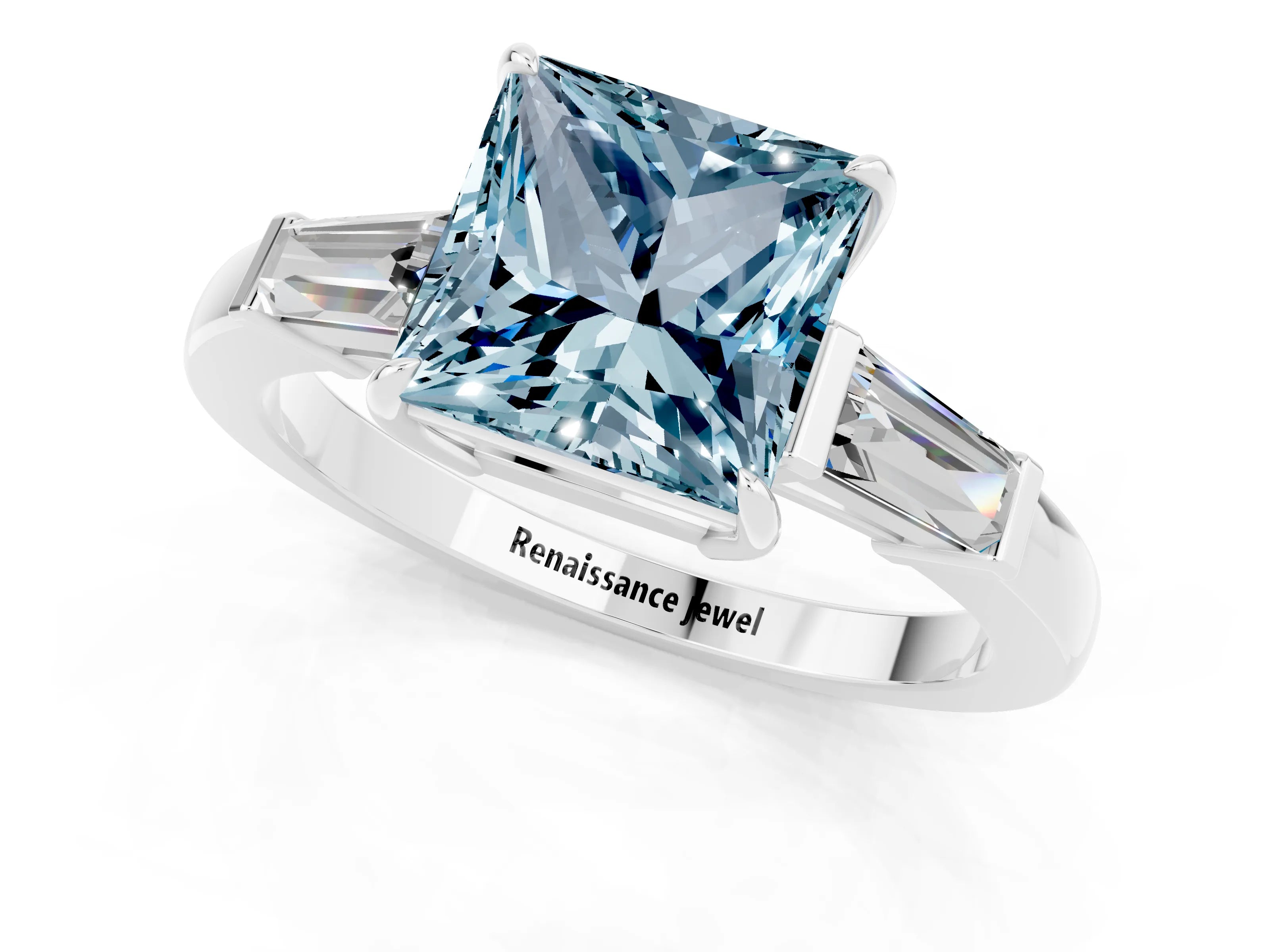 White gold Princess Cut Cut Diamond Ring with Tapered Baguette Side Stones in Four-Prong Setting_1