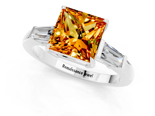 Platinum Princess Cut Citrine Three-Stone Ring with Tapered Baguette Side Stones and Prong Setting