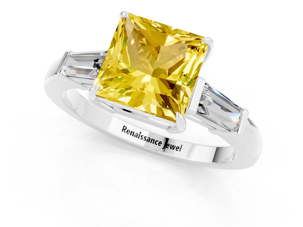 Silver Princess Cut Yellow Sapphire Three-Stone Ring with Tapered Baguette Side Stones and Prong Setting