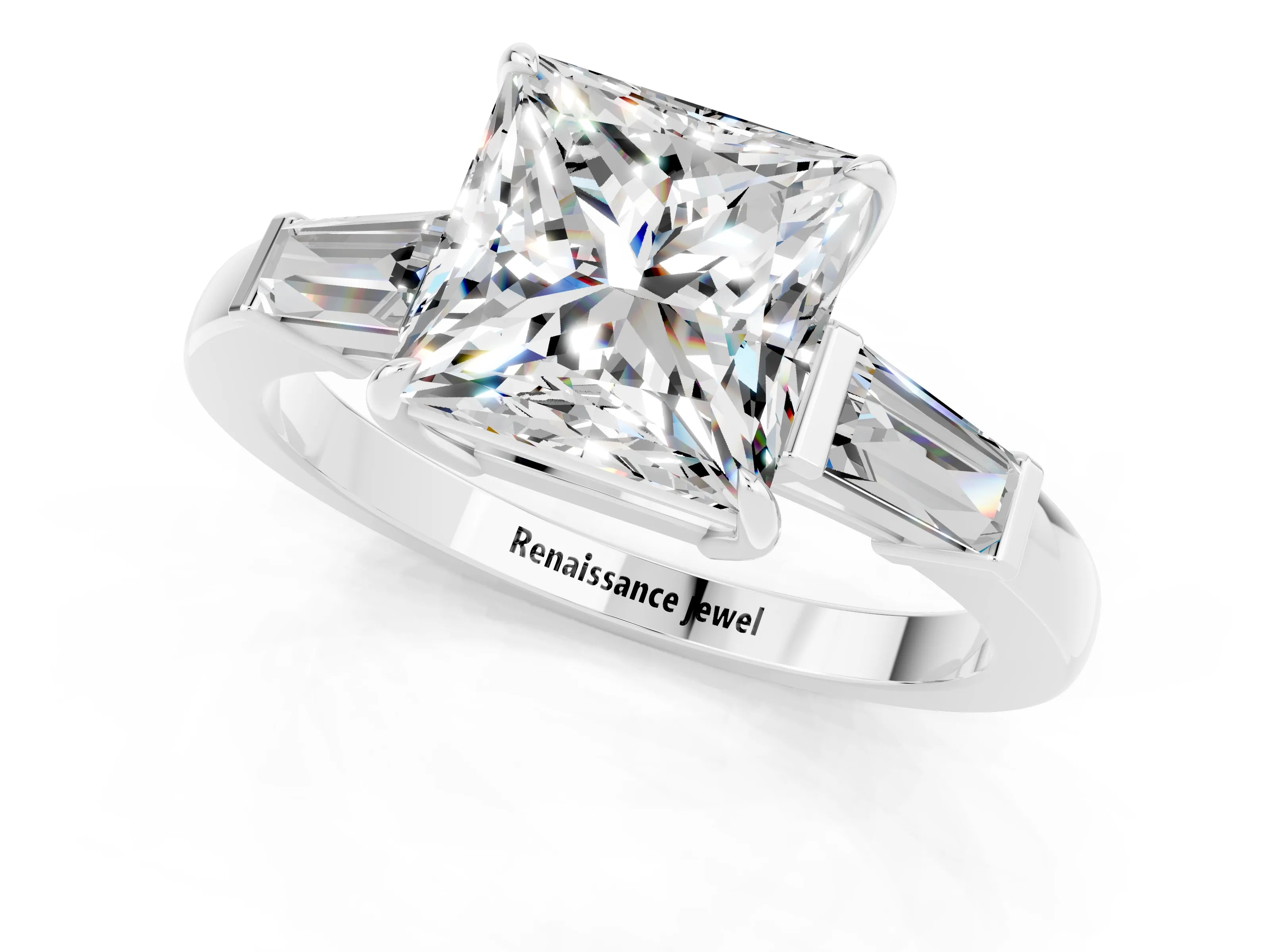 White gold Princess Cut Cut Diamond Ring with Tapered Baguette Side Stones in Four-Prong Setting_1