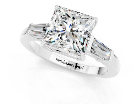 White gold Princess Cut Cut Diamond Ring with Tapered Baguette Side Stones in Four-Prong Setting_1