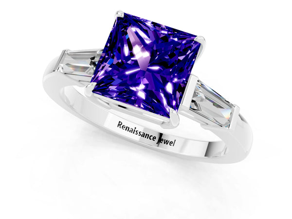 Silver Princess Cut Tanzanite Three-Stone Ring with Tapered Baguette Side Stones and Prong Setting