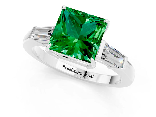 Silver Princess Cut Emerald Three-Stone Ring with Tapered Baguette Side Stones and Prong Setting