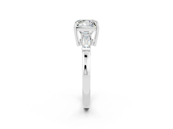 Platinum Princess Cut Moissanite Three-Stone Ring with Tapered Baguette Side Stones and Prong Setting