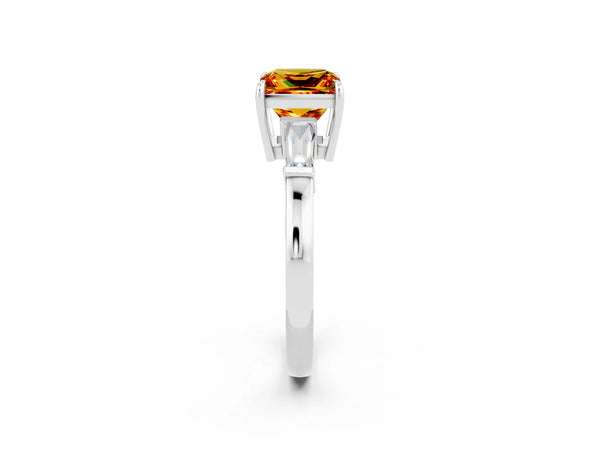 Platinum Princess Cut Citrine Three-Stone Ring with Tapered Baguette Side Stones and Prong Setting