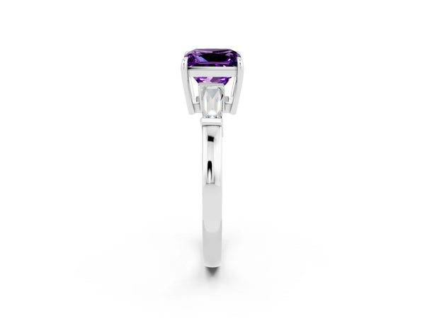 Platinum Princess Cut Amethyst Three-Stone Ring with Tapered Baguette Side Stones and Prong Setting