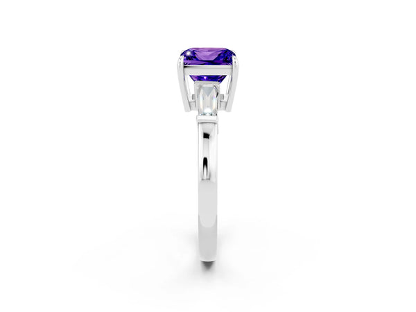 Platinum Princess Cut Tanzanite Three-Stone Ring with Tapered Baguette Side Stones and Prong Setting